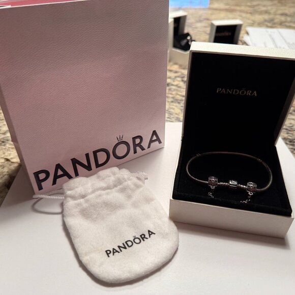 PANDORA SNAKE CHAIN BRACELET BARREL CLASP #590702HV 7.9" Safety Chain #790583-05 - Picture 1 of 5